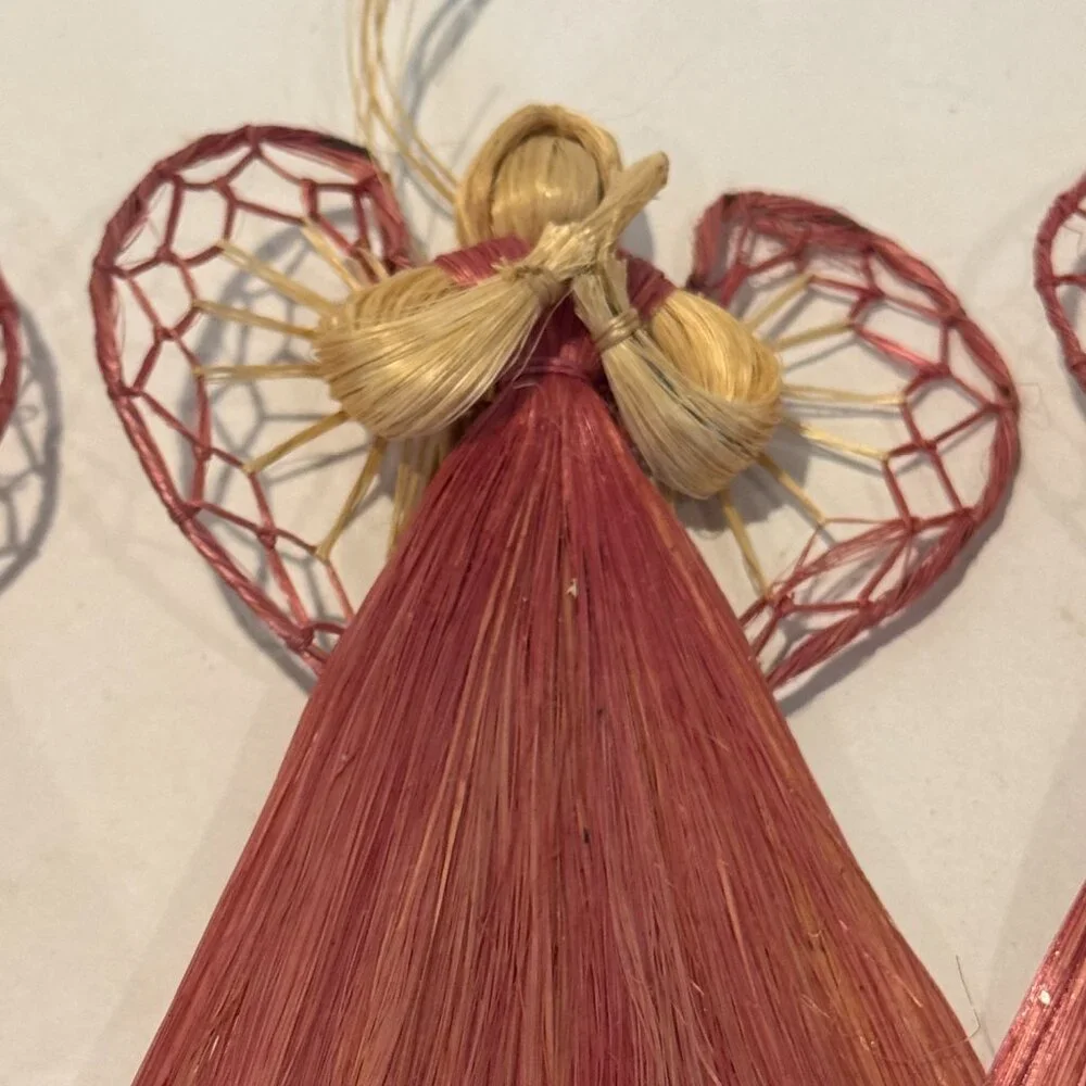 Vintage Raffia Straw Angel Ornaments Set of 3 Red & Natural Farmhouse Christmas